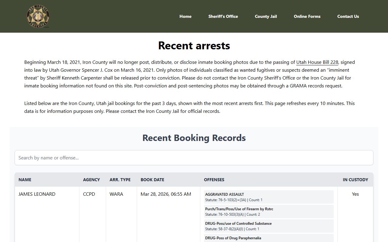 Iron County recent bookings page showing Cedar City arrest records
