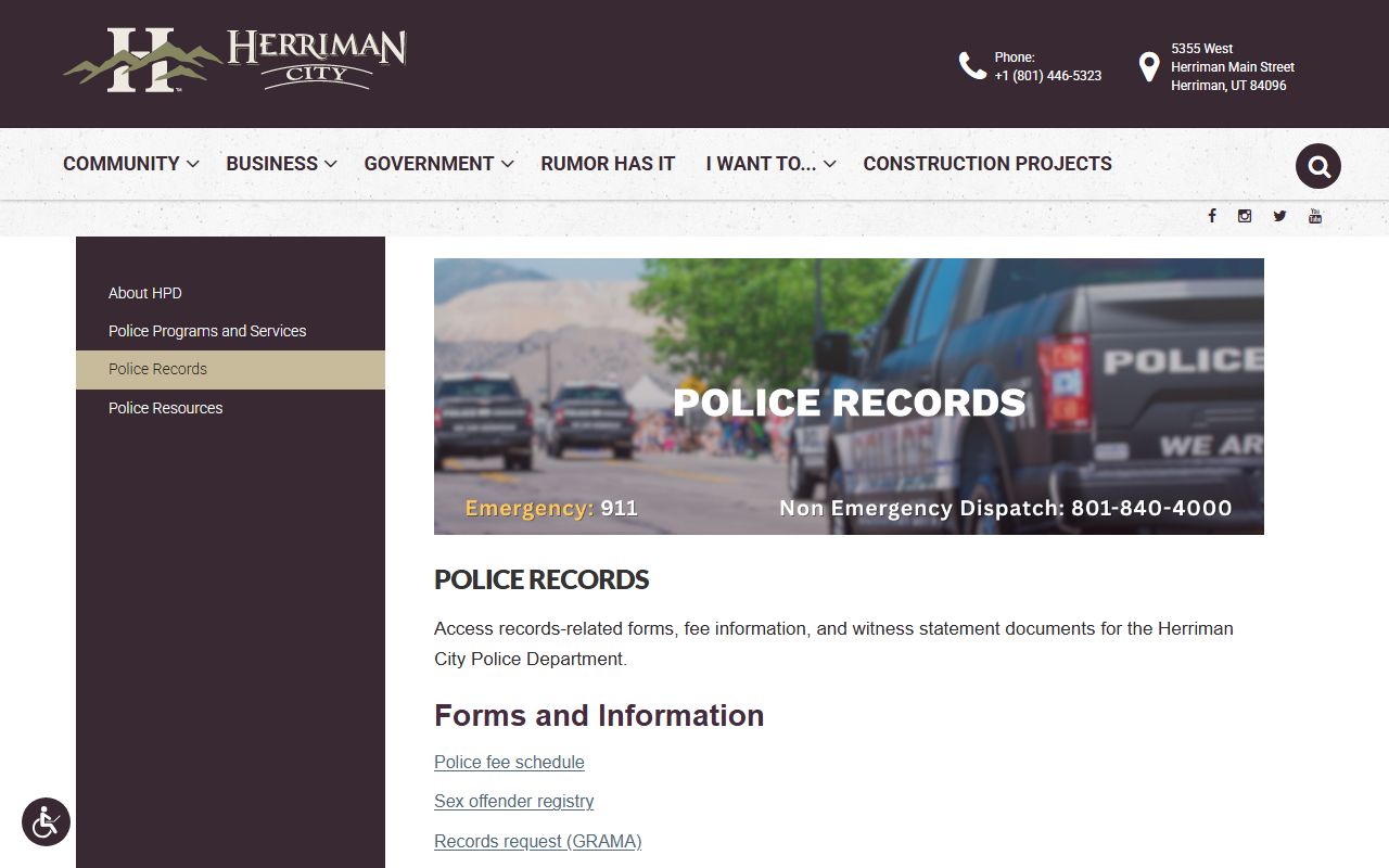 Herriman Police Department records page for 24 hour booking information requests