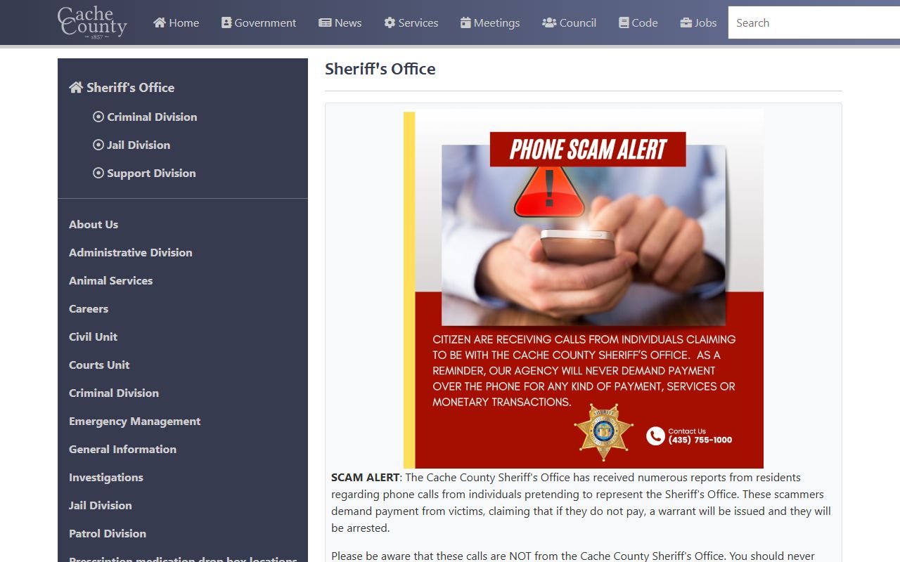 Cache County Sheriff's Office website with Logan booking information