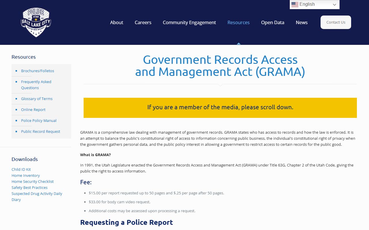 Salt Lake City Police Department GRAMA records request page for booking records