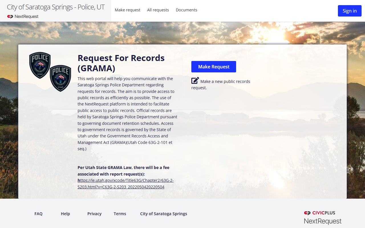 Saratoga Springs Police records portal for GRAMA requests and 24 hour booking information