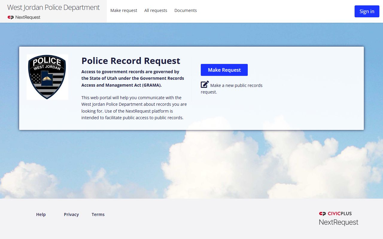 West Jordan Police Department NextRequest portal for booking and arrest records