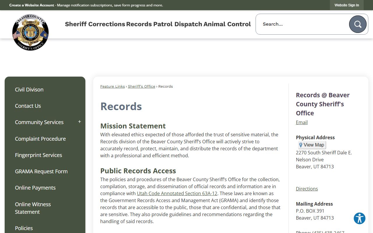Beaver County 24 hour booking records request page