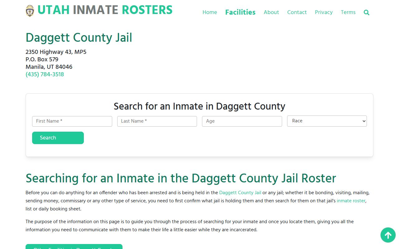 Daggett County 24 hour booking inmate roster search page