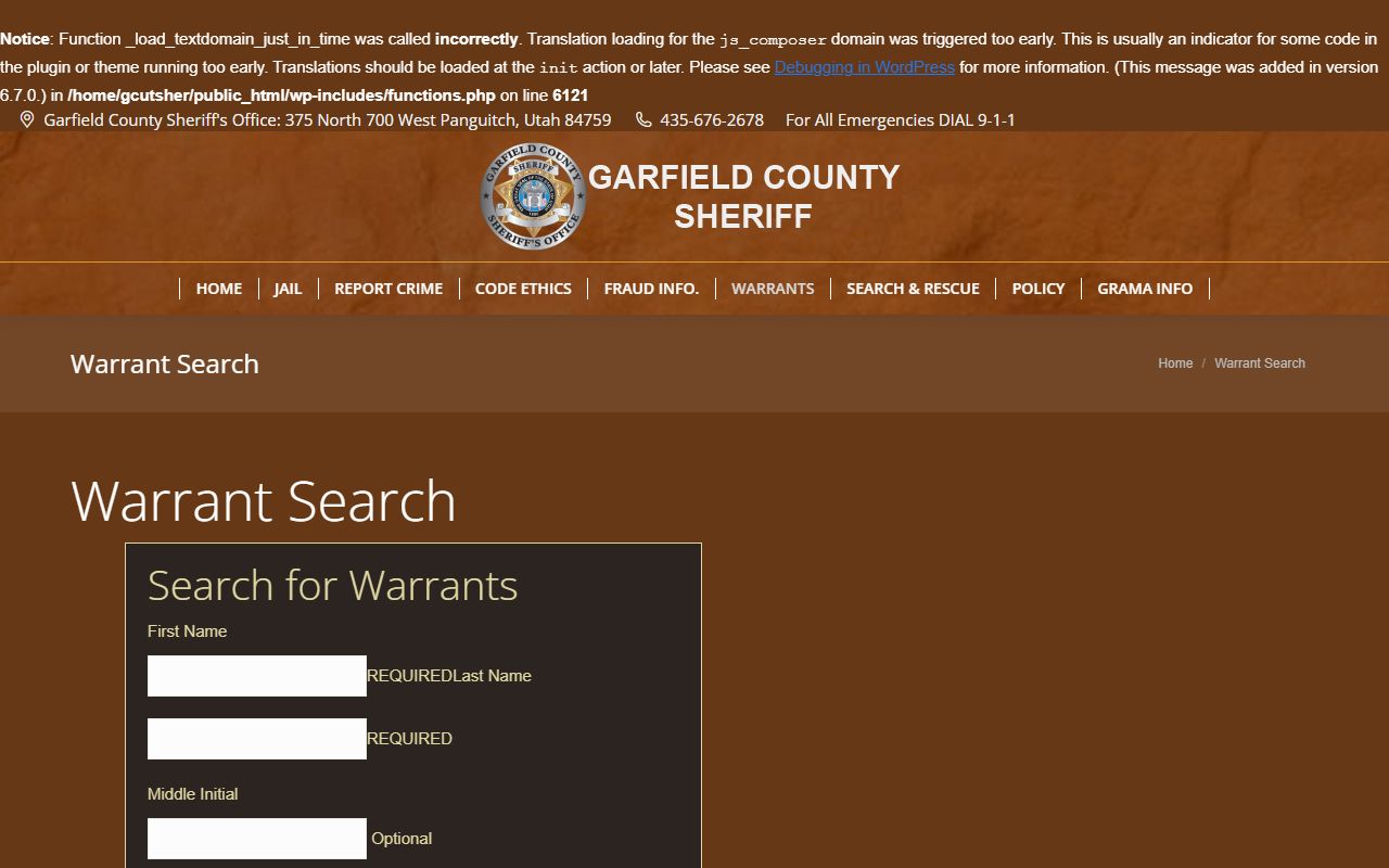 Garfield County 24 hour booking and warrant search through statewide system