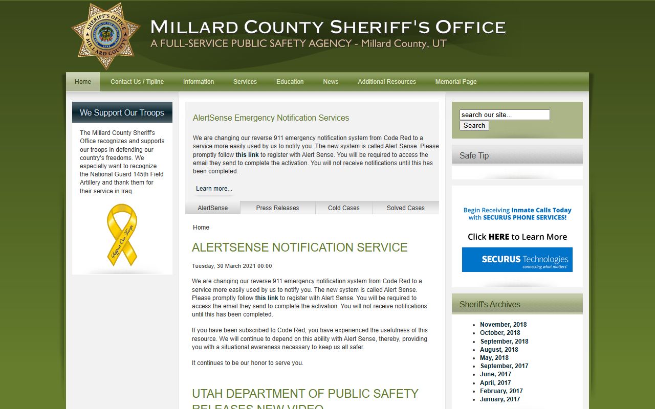 Millard County 24 hour booking information from the Sheriff's Office website