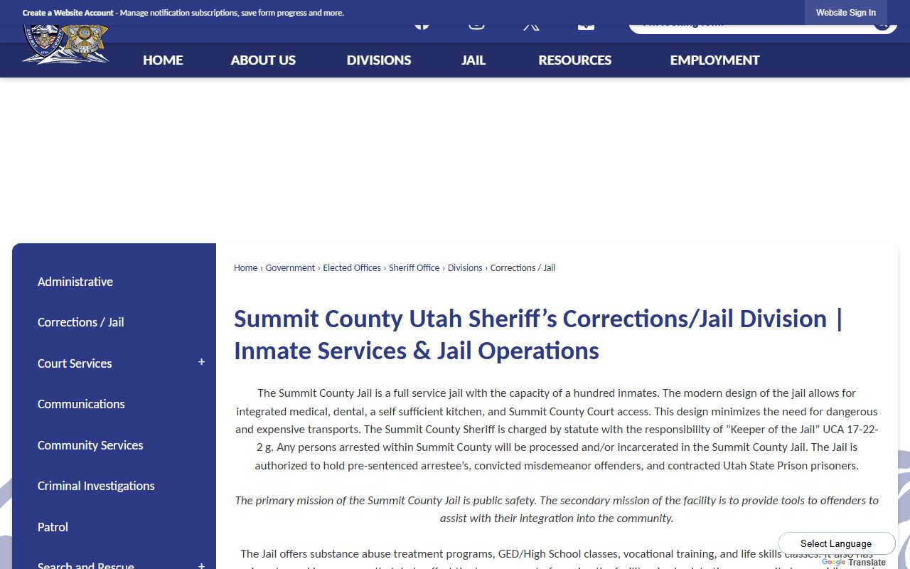 Summit County Sheriff's Office corrections and jail page for 24 hour booking records