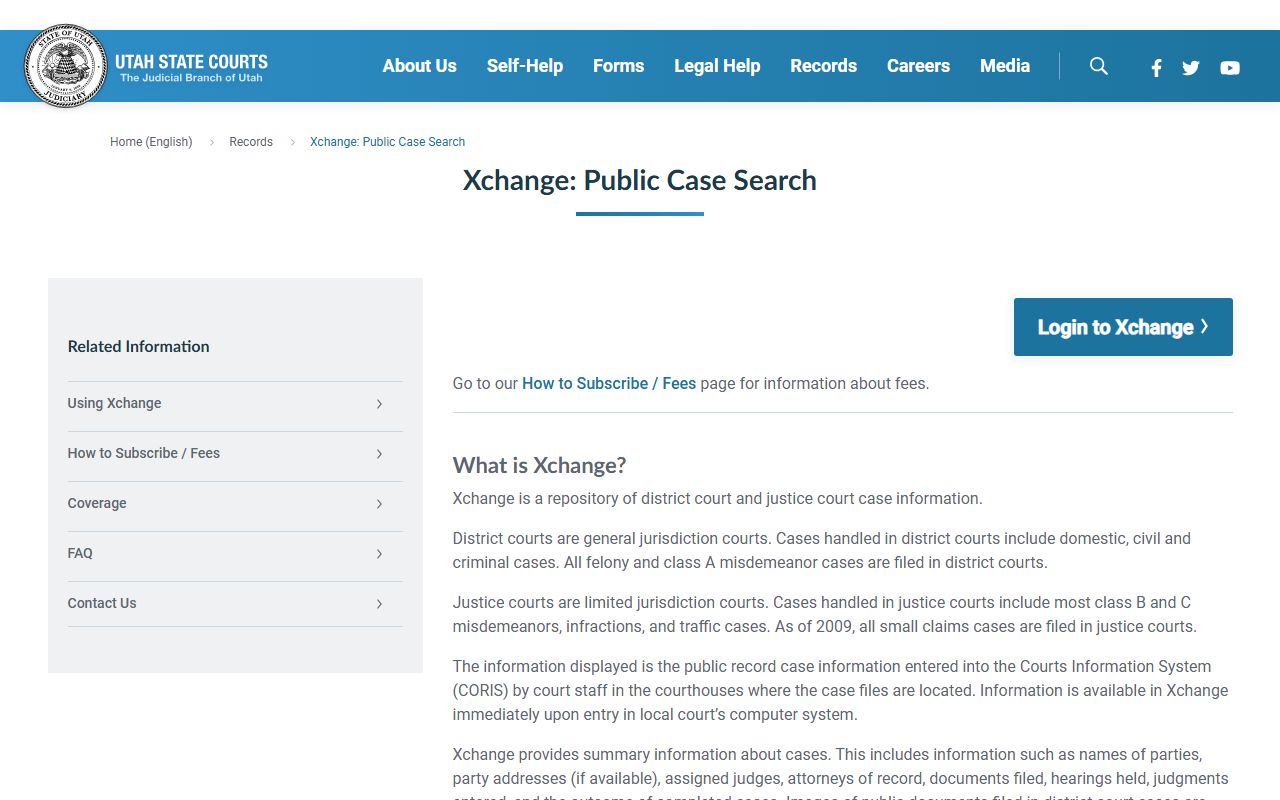 Utah Courts XChange portal for 24 hour booking court records